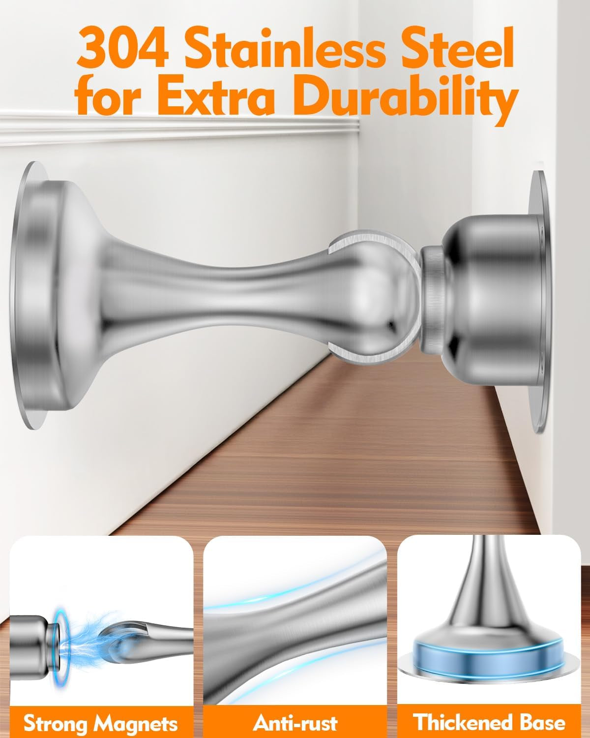Door Stoppers Magnetic Door Catch, 2 Pack Stainless Steel Magnetic Door Stop, Double-Sided Adhesive Tape, No Drilling, Screws for Stronger Mount, Holder Your Door Open for Wide Doors