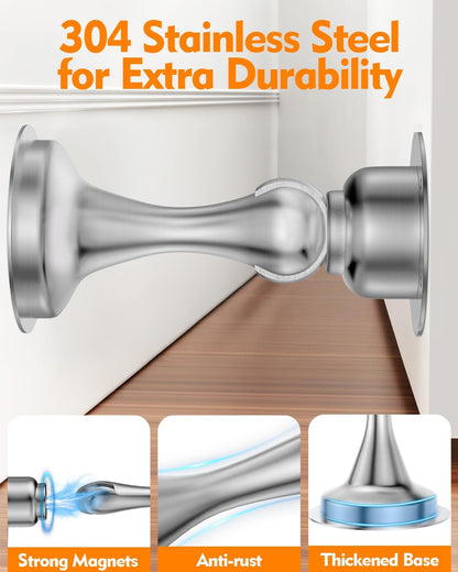 Door Stoppers Magnetic Door Catch, 2 Pack Stainless Steel Magnetic Door Stop, Double-Sided Adhesive Tape, No Drilling, Screws for Stronger Mount, Holder Your Door Open for Wide Doors
