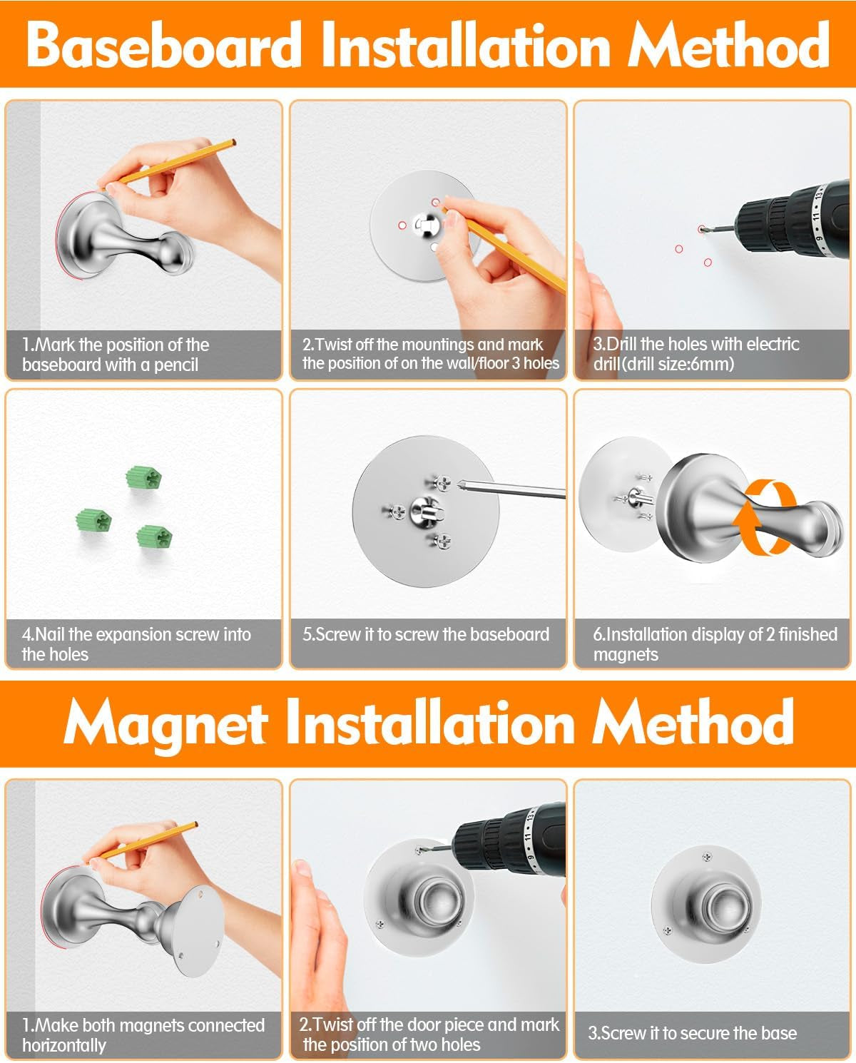 Door Stoppers Magnetic Door Catch, 2 Pack Stainless Steel Magnetic Door Stop, Double-Sided Adhesive Tape, No Drilling, Screws for Stronger Mount, Holder Your Door Open for Wide Doors
