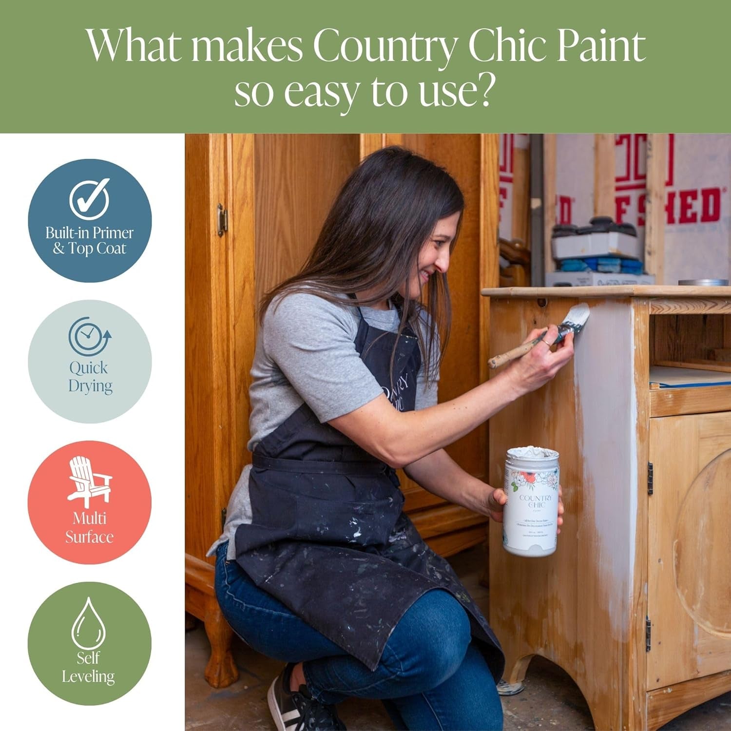 Country Chic All-In-One Chalk Paint for Furniture, Cabinets, Home Decor, Eco-Friendly, Matte Finish, Built-In Primer & Top Coat for Wood, Metal - Driftwood (Brown) - Pint 16 Oz (475 Ml)