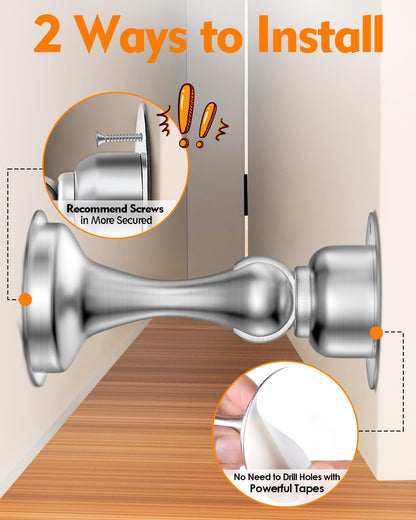 Door Stoppers Magnetic Door Catch, 2 Pack Stainless Steel Magnetic Door Stop, Double-Sided Adhesive Tape, No Drilling, Screws for Stronger Mount, Holder Your Door Open for Wide Doors